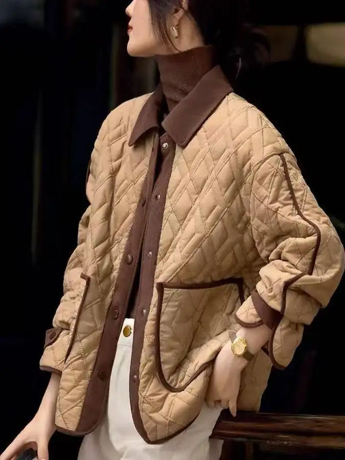 Casual Chic Color Blo Cotton Jaet Women's Faionable Mom Winter Lightweight Warm Cotton Coat Sli  Collar Long Sl...