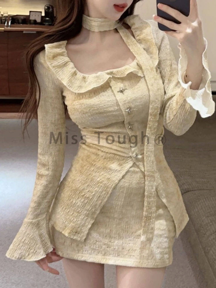 Autumn Vintage Slim Square Neck 2 Piece Set Korean Fashion Ruffle Long Sleeve Thin Top Women + High Waist Solid Short Skirt Suit