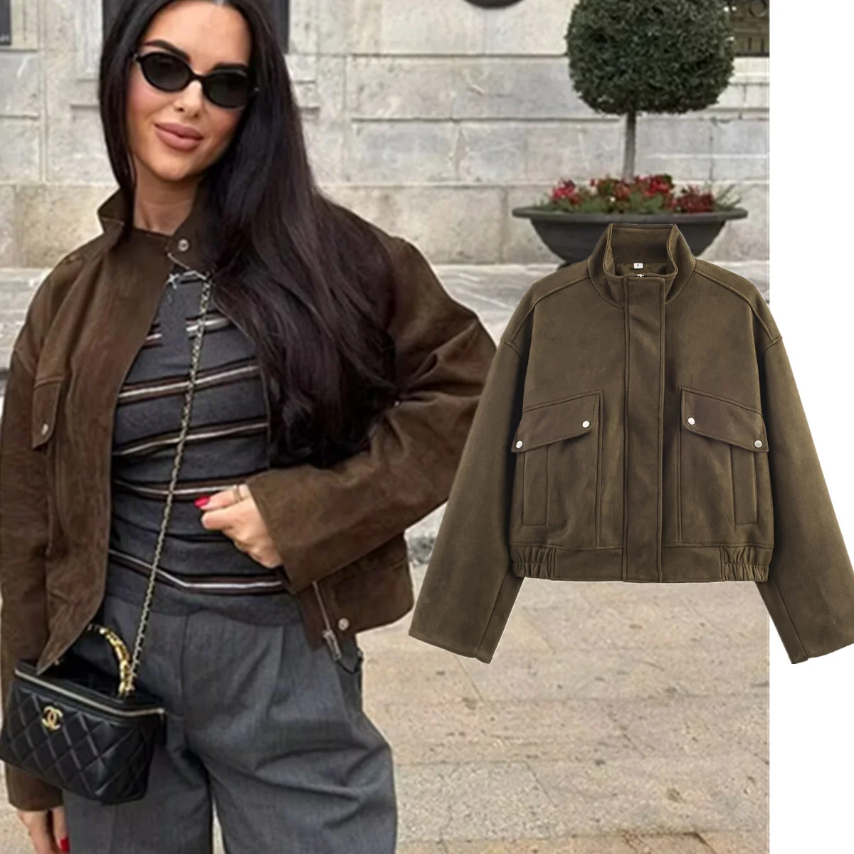 

Dave&Di женская куртка-бомбер осенне-зимняя женская куртка, скандинавский минималистичный замшевый карман, винтажное пальто, женская куртка