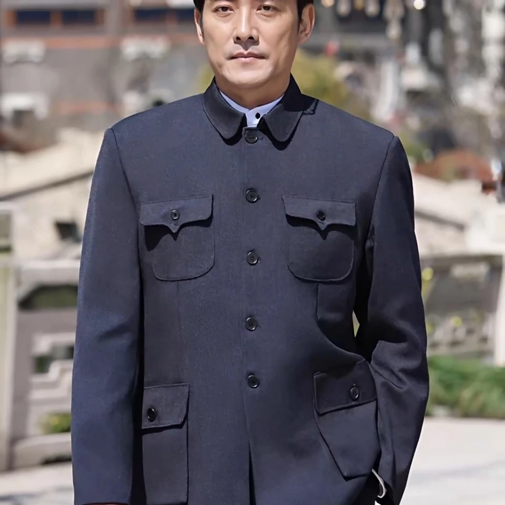 Men Mao Suit Effortless Jacket Blue Gray Year-Round Menswear Classic Chinese Zhongshan Coat Blazer Male Tunic Outfits Timeless