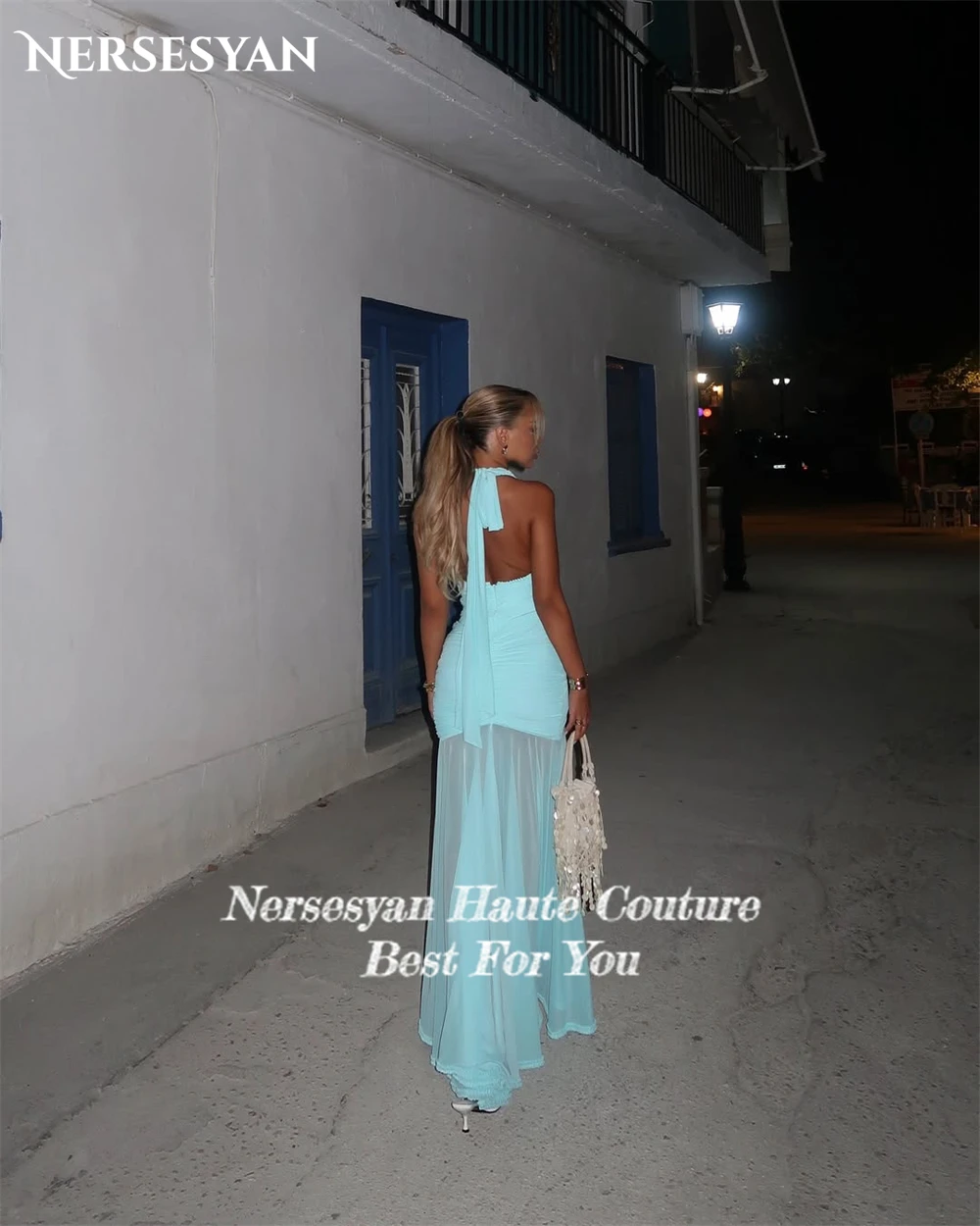 Nersesyan luxe bleu ciel sirène robes de soirée plis fente latérale volants dos nu robe formelle licou robe de soirée personnalisée