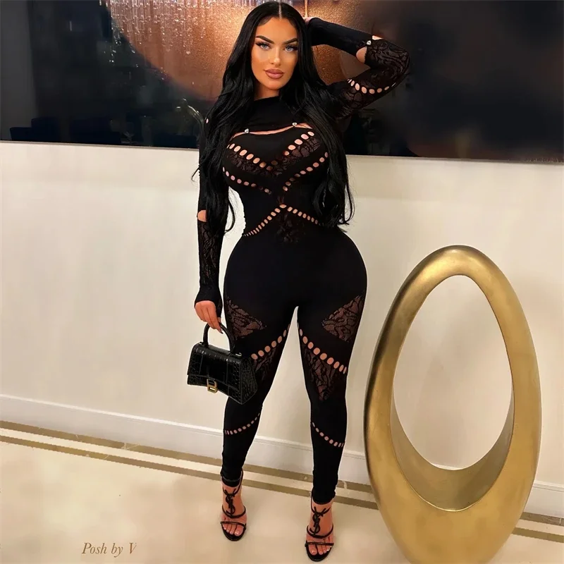 Women Sexy Chic Jumpsuit Rhinestone Hollow Out See Through Skinny Club Party Rompers Stretch Long Sleeve One Piece Overalls