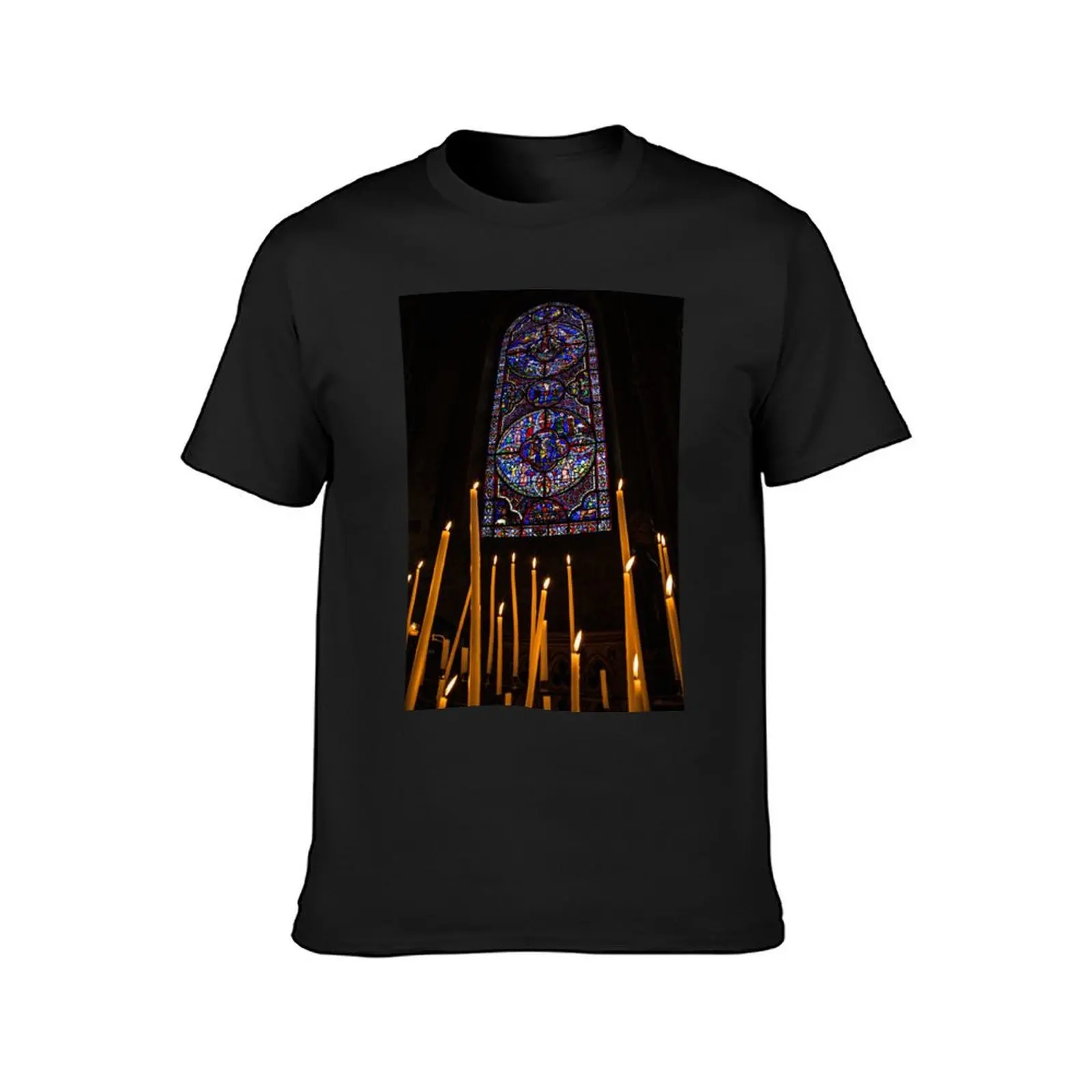 France. Bourges. Cathedral. Stained Glass Window and Candles. T-Shirt quick-drying Short sleeve tee mens workout shirts