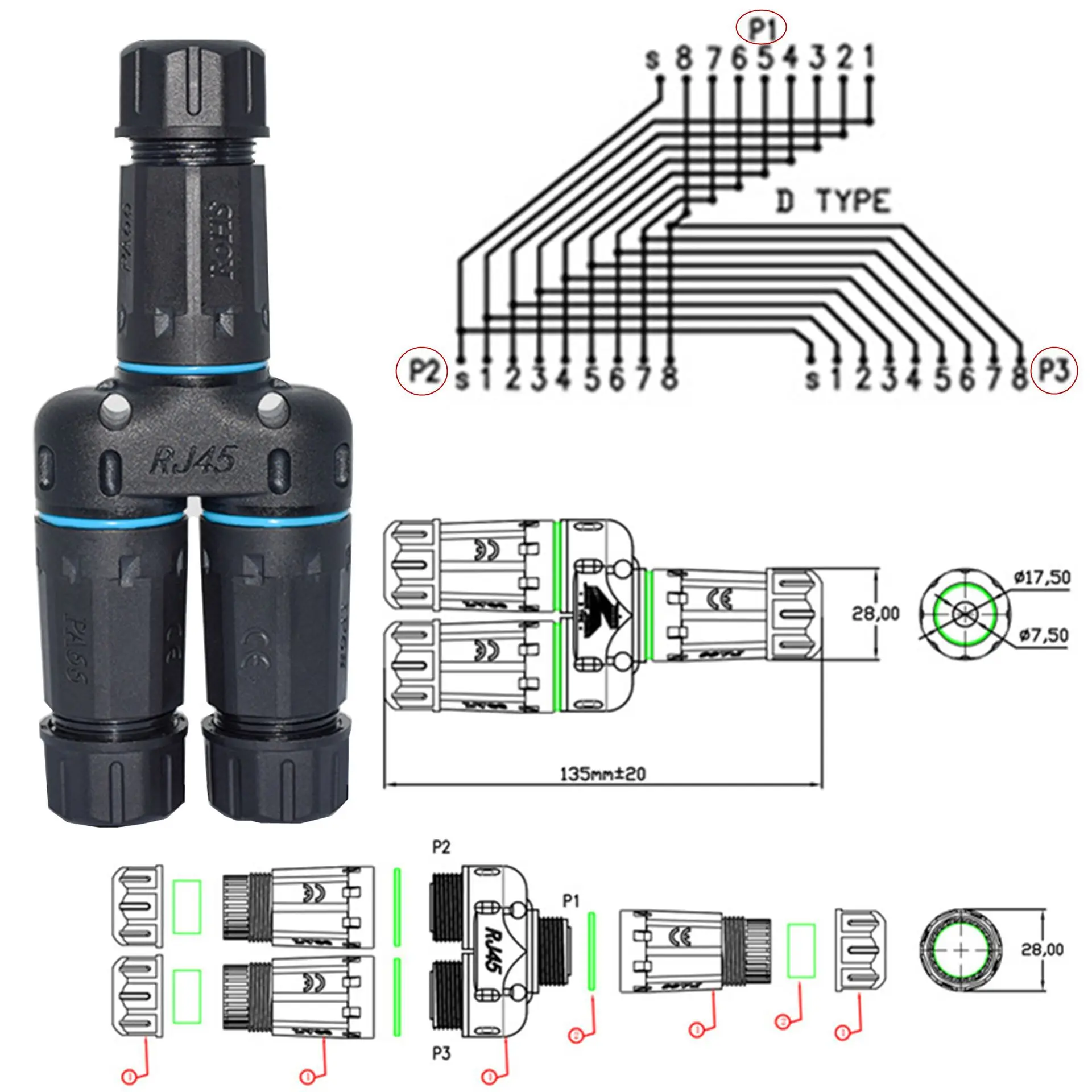 1/2 3-way IP68 مقاوم للماء RJ45 8P8C CAT6 جيجابت إيثرنت كابل موصل 1 في 2 خارج الخائن