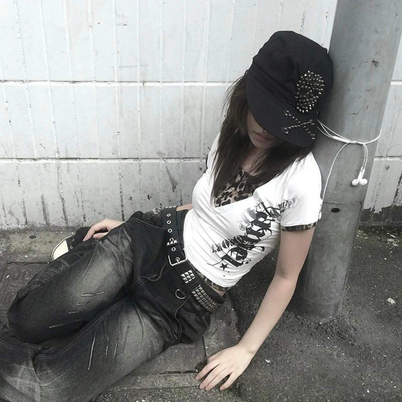 Karrcat الجرونج جماليات وهمية قطعتين بلايز Trashy 2000s نمط الوشم تي شيرت مطبوع خمر Y2k ليوبارد تي شيرت الأمريكية الرجعية