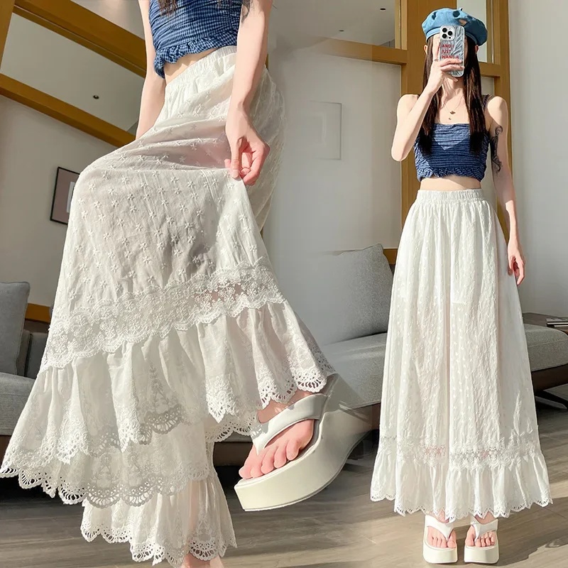 New Embroidered Hollow Lace Wide Leg Pants Women Summer Fashion Thin White Skirt Pants Casual Loose Wide Leg Pants Pantalones