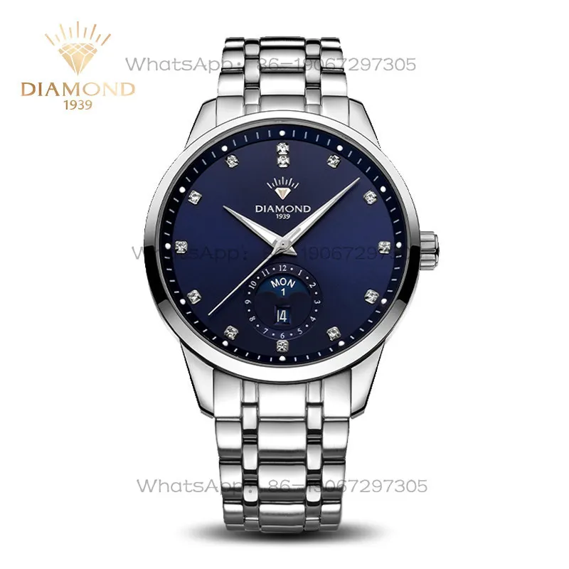 Shanghai Diamond Brand Men’s Mechanical Watch Large Dial Moon Phase Luminous Double Calendar Waterproof H201