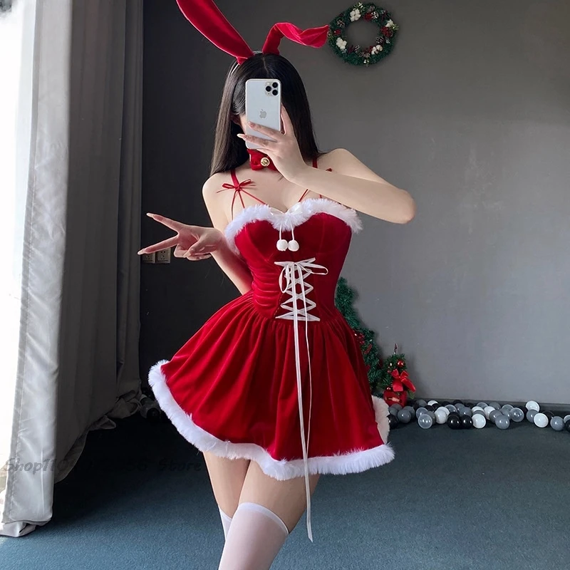 Sexy süße Weihnachtsstil Kostüme Anime Cosplay Kaninchen Mädchen Plüsch rotes Kleid Kawaii Hase Ohr Sling Rock Damen Paare Set