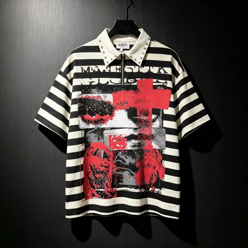 Heavy Industry Rivet Black White Striped Lapel Short Sleeve MAJESTIK Tshirts Portrait Silhouette Fingerprint Print Men Women Tee