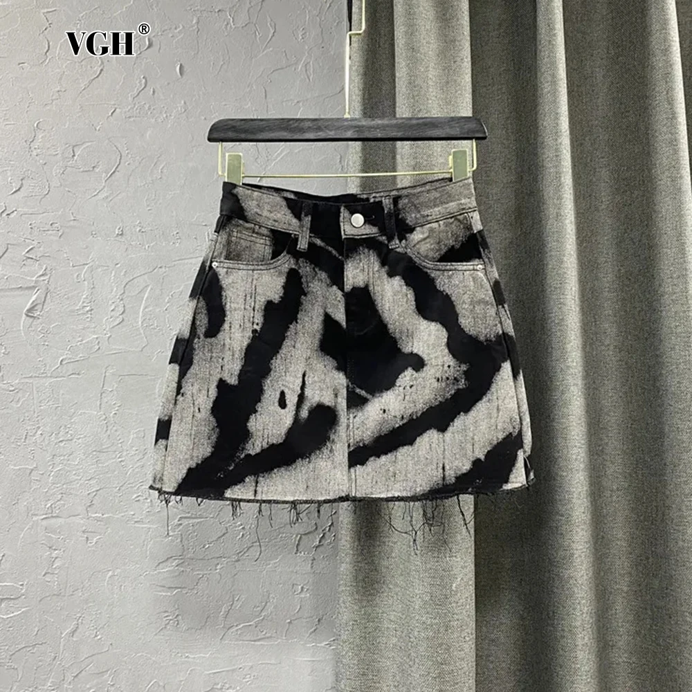 VGH Hot Girl Hand Paint Spliced Raw Edge Mini Skirt for Women High Waist Patchwork Zipper Sexy A Line Skirt Female Autumn 2024