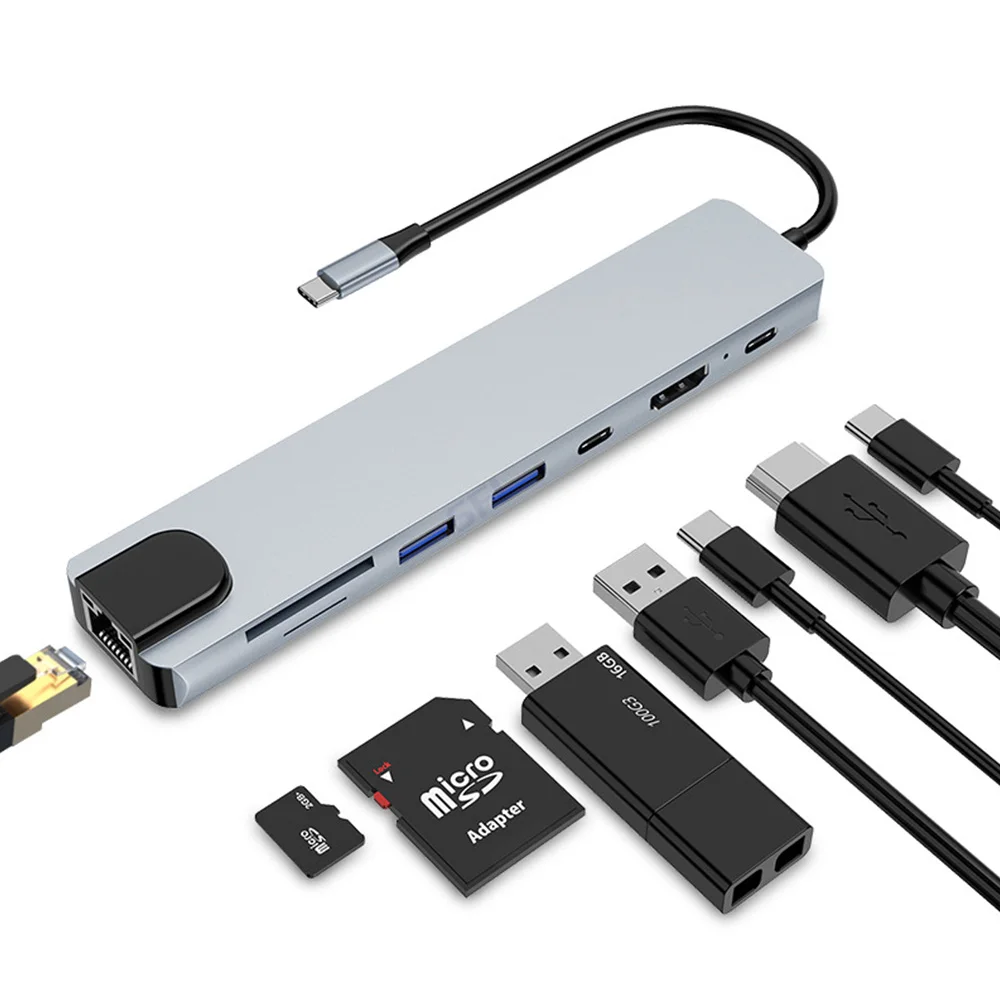 8-In-1 Type C to HDMI-compatible Hub Docking Station USB C RJ45 Ethernet USB 3.0 Ports SD/TF Card Reader PD Dropshipping