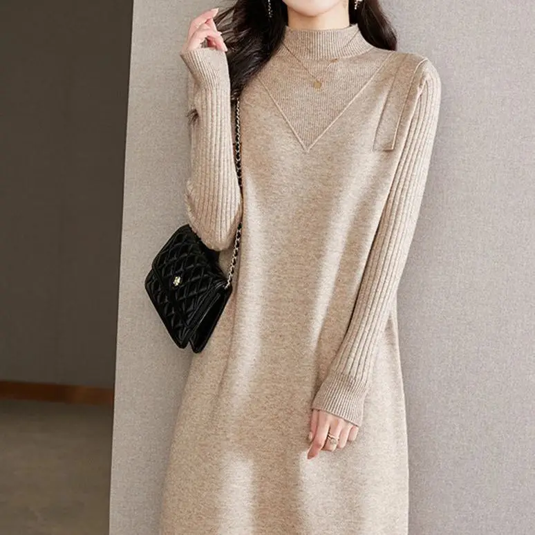 Elegant Solid Ribbed Knitted Short Dress For Women 2024 Long Sleeve High Neck Mini Dresses Fashion Autumn And Winter Lady R111