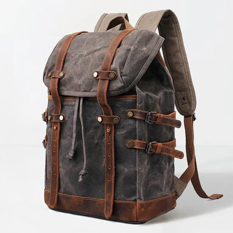 Waxed Fashion Waterproof Canvas Backpack Men Genuine Leather Women large Rucksale teenager Travel Bag Large bagpack