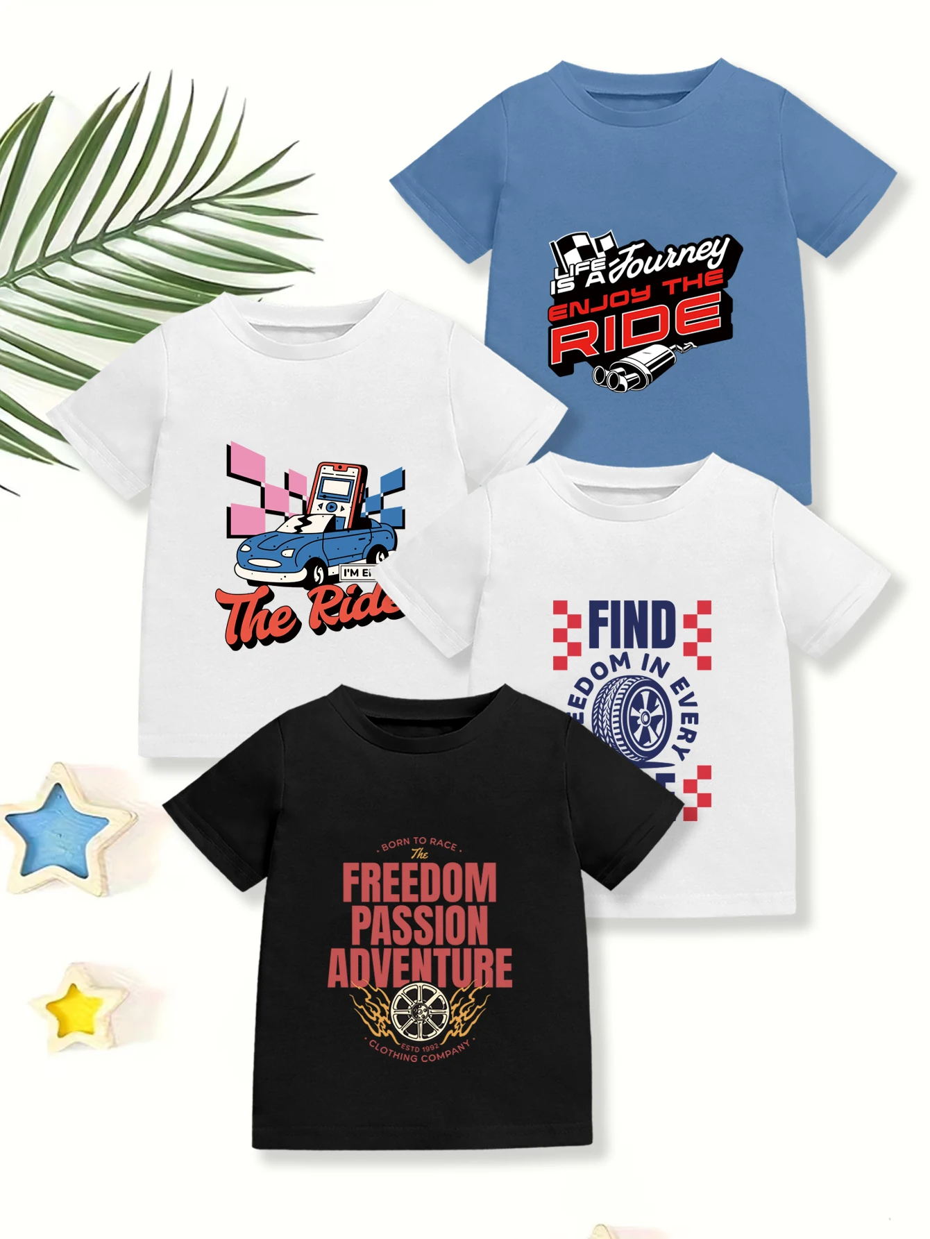 4 pieces: Boys Casual Summer T-shirt Checkered Flag Car Wheel Tire Phone Graphic Print