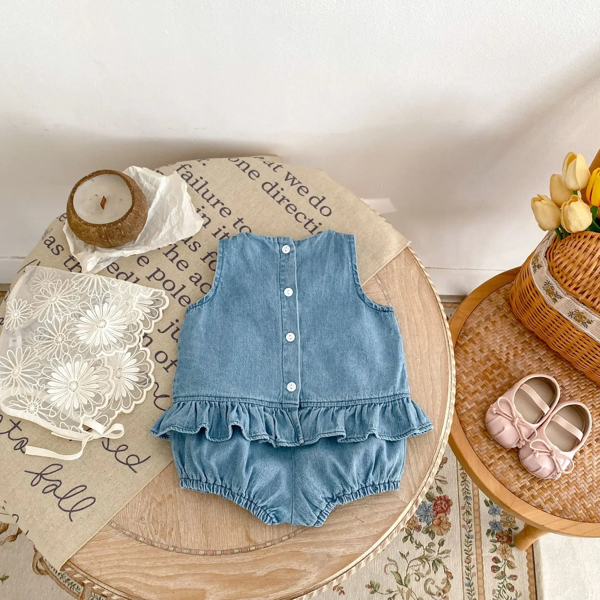 2pcs Summer 0-3Y Baby Girl Denim Clothing Set Kids Infant Sleeveless Embroidered Tops Bloomer Shorts Outfits