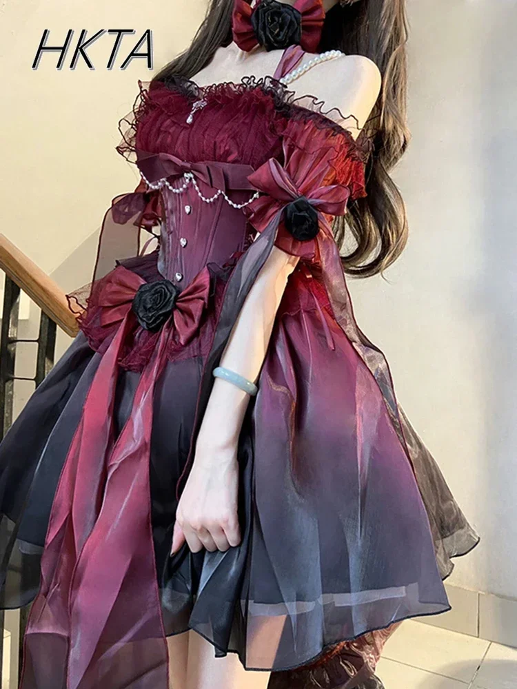 Lolita Dress Luxury Elegant Burgundy Flower Wedding Light Princess Dress Fairy High Waist Slim Ruffle Edge Big Swing Dress Robe