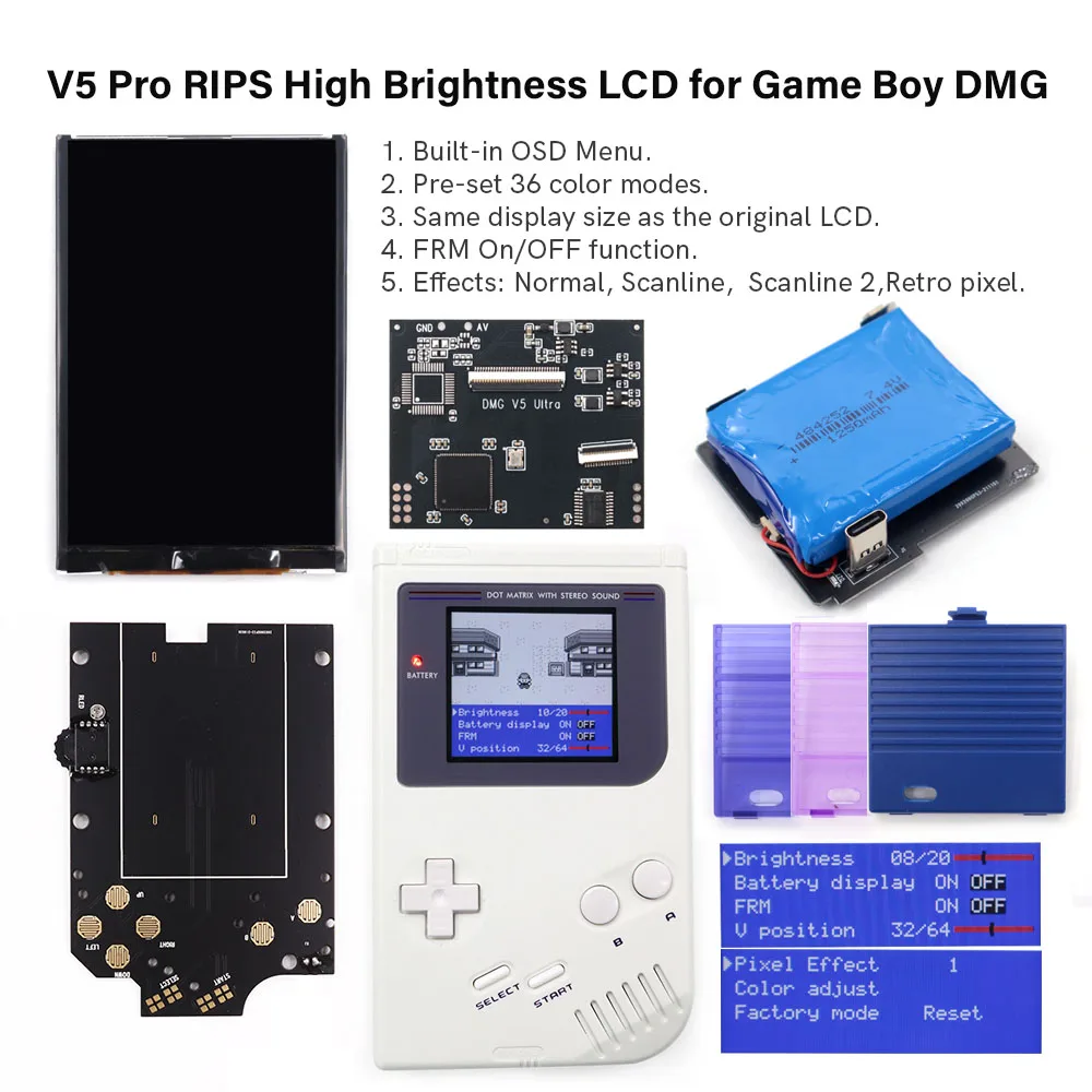 V5 Ultra High Brightness IPS LCD Backlight Screen+Pre-cut Shell Housing Rechargeable Battery Mod Kits  For Game Boy GB DMG