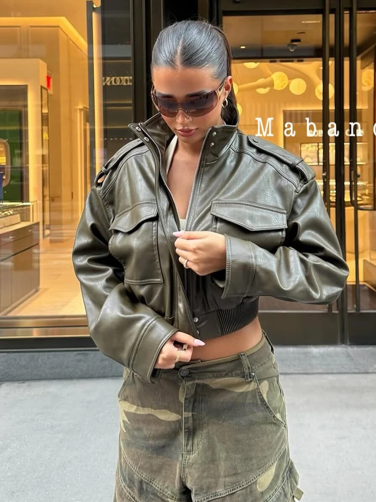 MUJER Kunstleer Cropped Jas Dames Bomber Demi-seizoen Jassen voor Dames Lange Mouw Damesjassen Zip Overjas Jas Dames - afbeelding 2