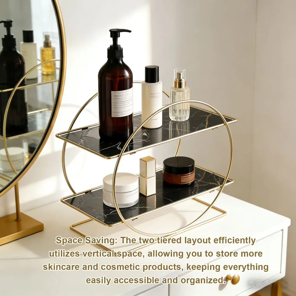Iron Bathroom Counter Organizer 2 Tier Black Gold Countertop Storage Shelf Multi Purpose Durable Makeup Organizer