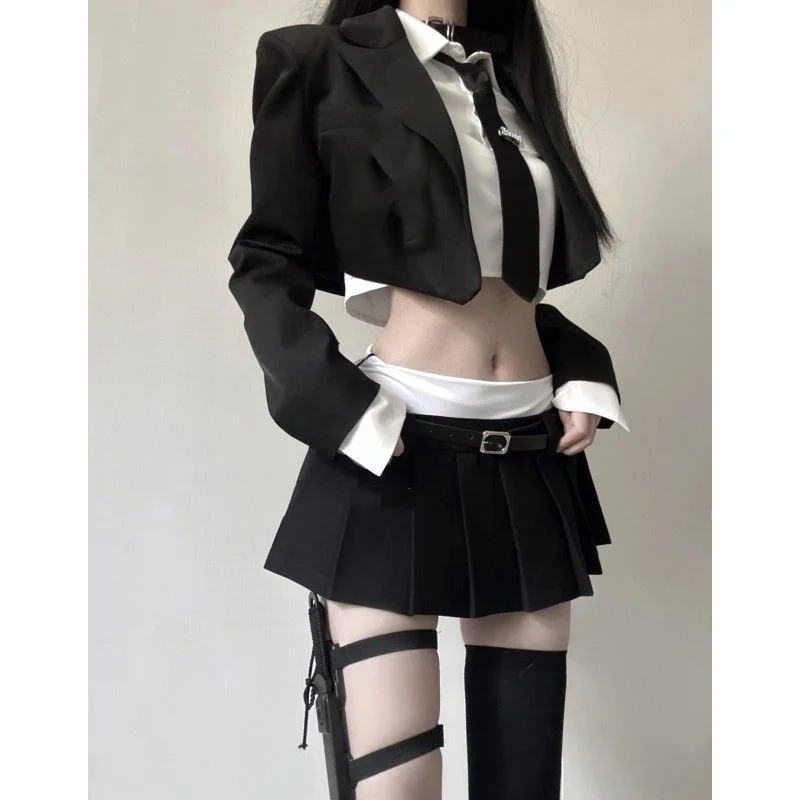 2023 Vintage 3 Piece Set Skirt Woman Black Short Blazers + Casual Shirt + Slim Mini Skirt Party Korean Fashion Suit Female Chic