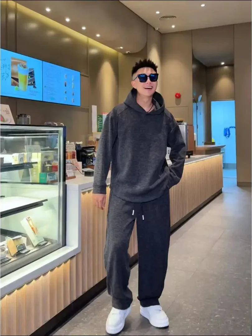 

Thiened Fce Winter New Men's Faion Casual Hoodie Sweatpants Two-Piece Set Long Sve Cotton Blend Fabric Teenagers