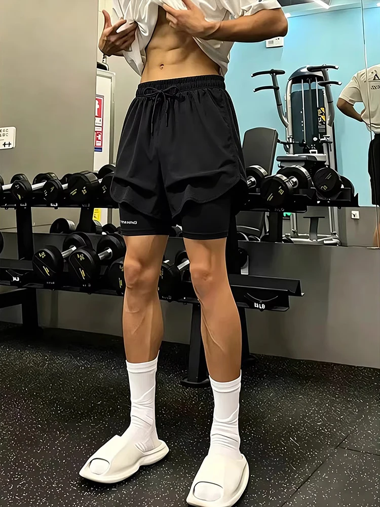 

Мужские шорты для бега Black Ice Silk, быстросохнущие, двухслойные, для фитнеса, баскетбола, спорта, летние, длиной четыре пятых.