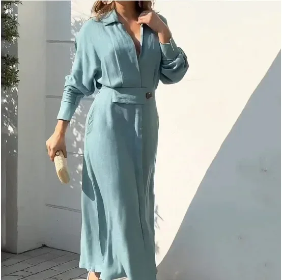 2023 Spring New Solid Color Shirt Neck Dress Goddess Fan Long Sleeve Temperament Slim and Slim Long Dress for Women