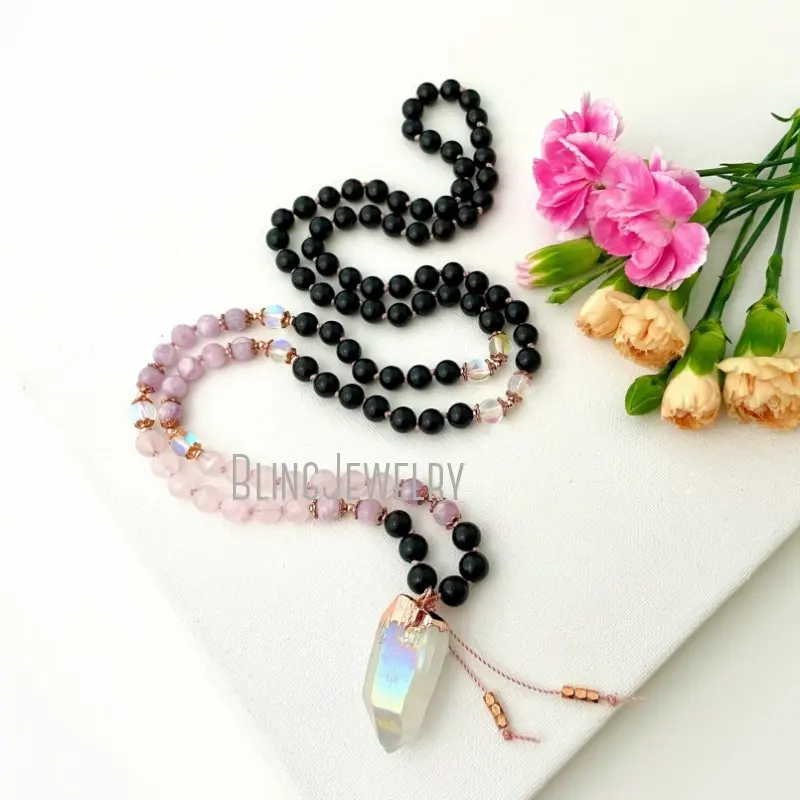 MN43541 Goddess Mala Necklace With Tourmaline Kunzite Rose Quartz And Mystic   Beads 108  Prayer  Gift For He