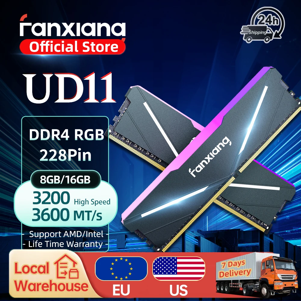 [شحن الاتحاد الأوروبي/الولايات المتحدة] وحدة ذاكرة الوصول العشوائي Fanxiang UD11 RGB DDR4 8GB 16GB 3600MT/s غير ECC لسطح المكتب للألعاب DDR ثنائي القناة للكمبيوتر الشخصي