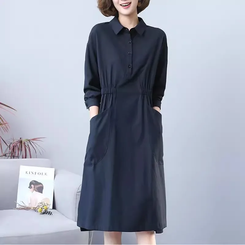 

Solid Vintage Dresses for Women 2024 New Casual Loose Cotton Polo Collar Long Sleeve Office Lady Pleated Dresses Vestidos Femme