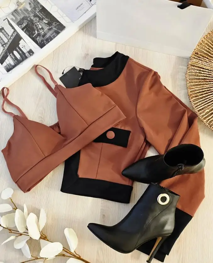 

2 Pieces Outfit for Women's Wear Autumn & Winter New Fashion Colorblock Open Front Cropped Jacket with Spaghetti Strap Bandeau