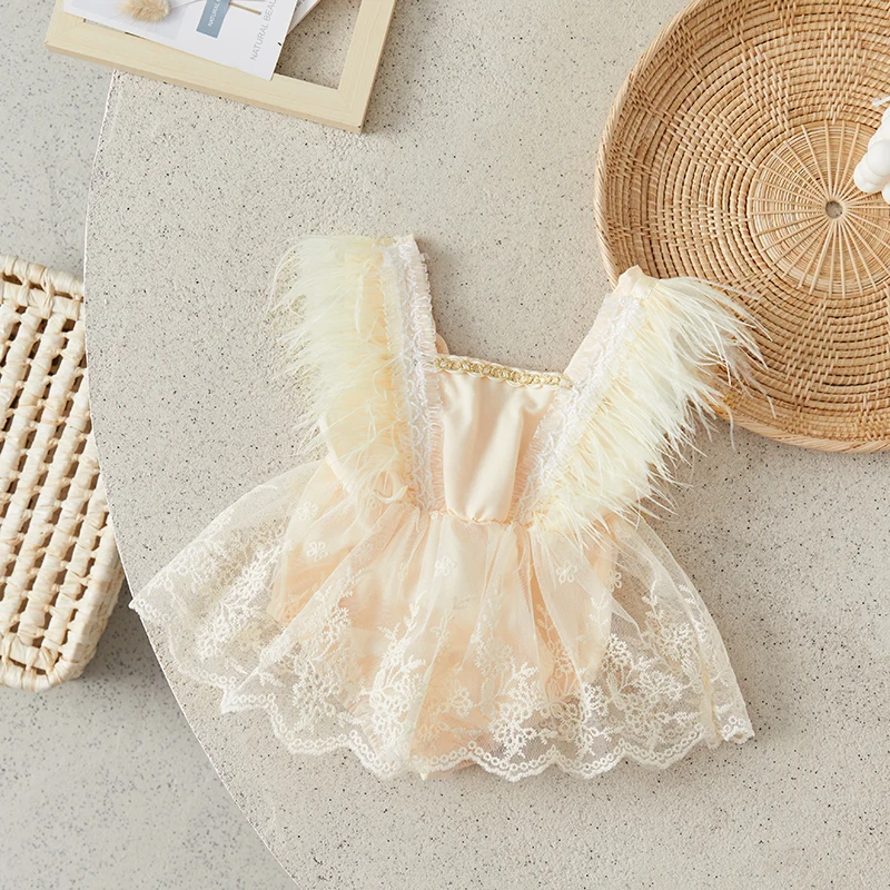 Suefunskry Baby Girls Romper Dress, Fly Sleeve Square Neck Feather Lace Patchwork Bodysuit Summer Clothes 3-24Months