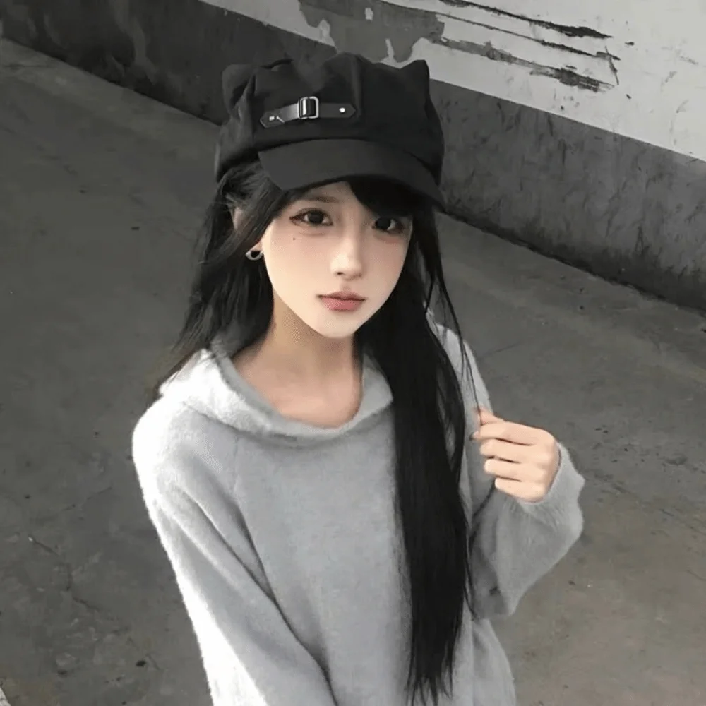 Kawaii Black Cat Ears Beret Gothic Lolita Peaked Cap Y2K Metal Belt Buckle Octagonal Hat Cosplay