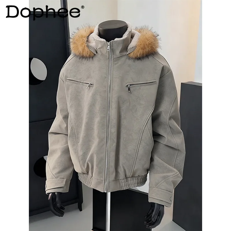 

Мужские парки с капюшоном из искусственной кожи с декоративными молниями, утепленные флисом, с воротником из искусственного меха, зима 2025, новинка