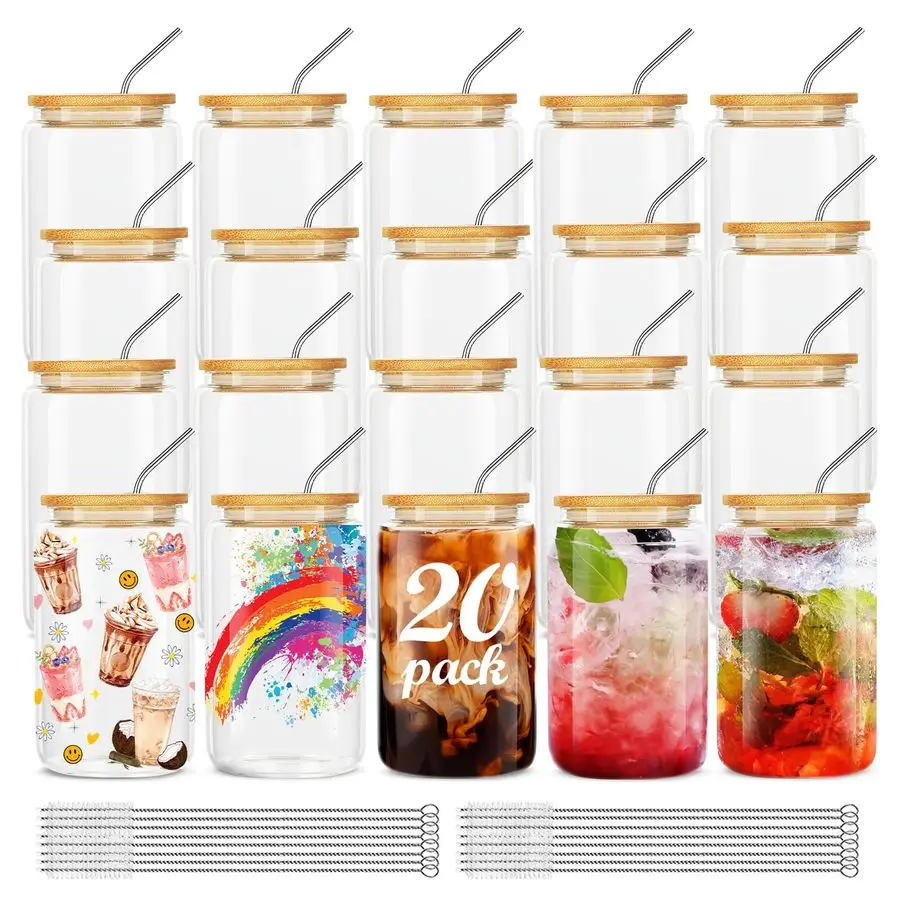 

20Pcs Glass Cups With Bamboo Lids and Straws,16Oz Ice Coffee Cup,Drinking Glasses Cups Set,Water Bottles Glasses for Juicing,Bee
