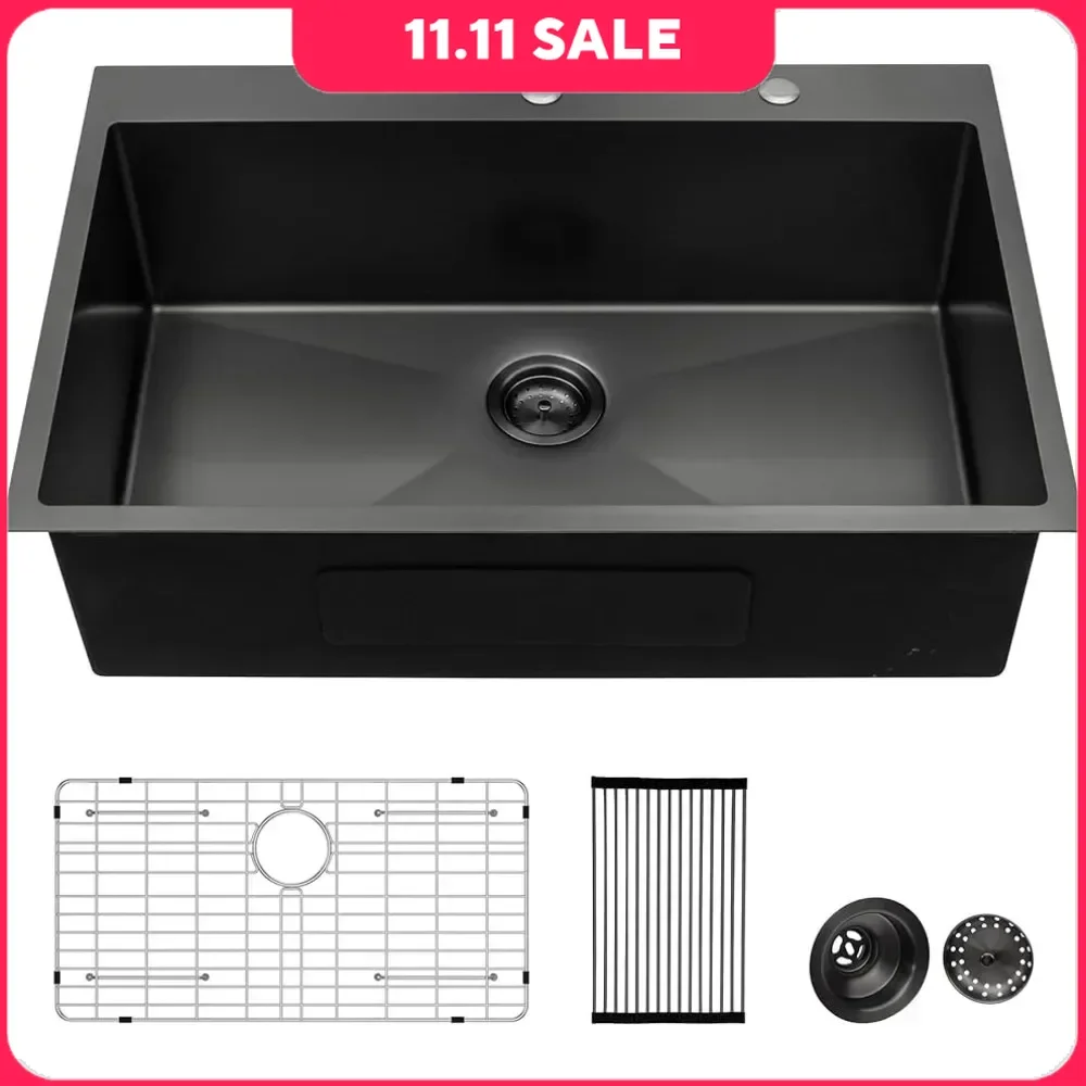 Black Kitchen Sink 16 Gauge Stainless Steel Drop In Kitchen Sinks R10 Tight Radius Round Corner Single Bowl 33 Inch