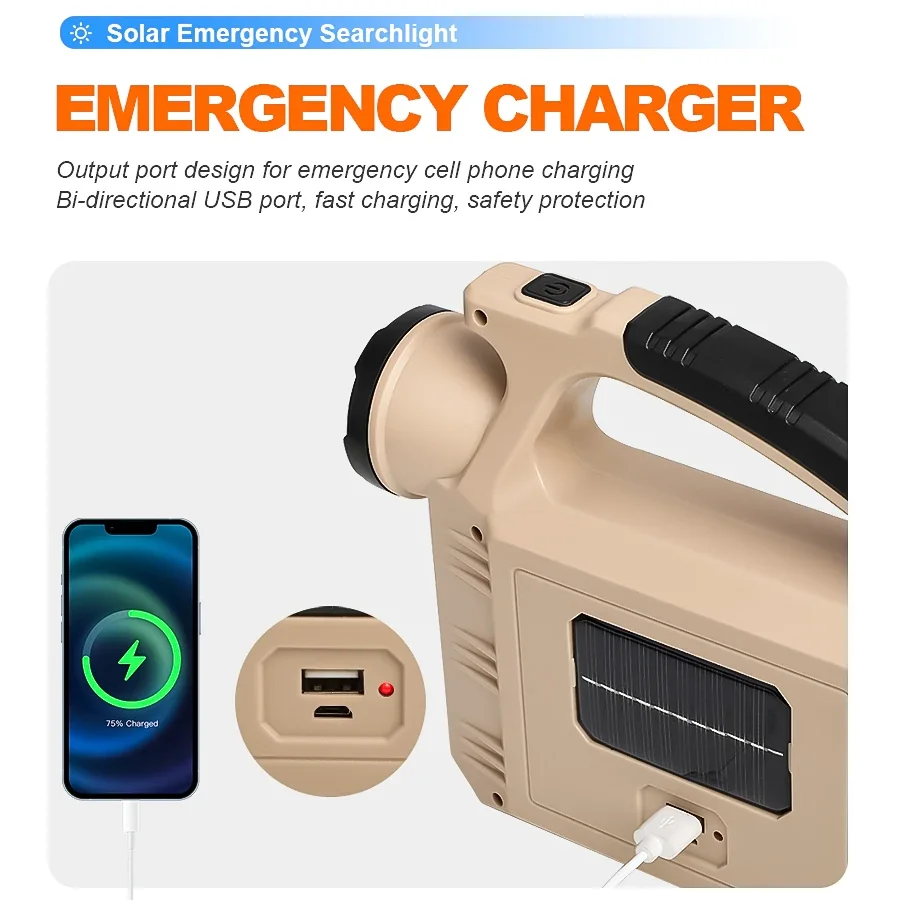 Lanterna Solar poderosa, luz portátil, multifuncional, banco de energia de emergência, tipo C, recarregável, ao ar livre, camping, trabalho
