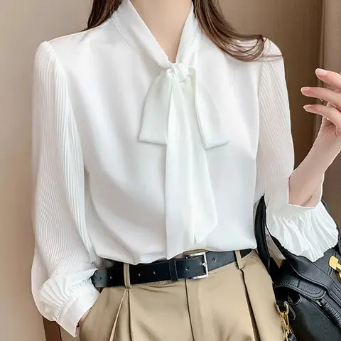 Elegant Bow Lace Up White Blouses for Women Chic Pleated Long Sleeve Shirt Woman Spring Summer Casual Office Wear Chiffon Blouse