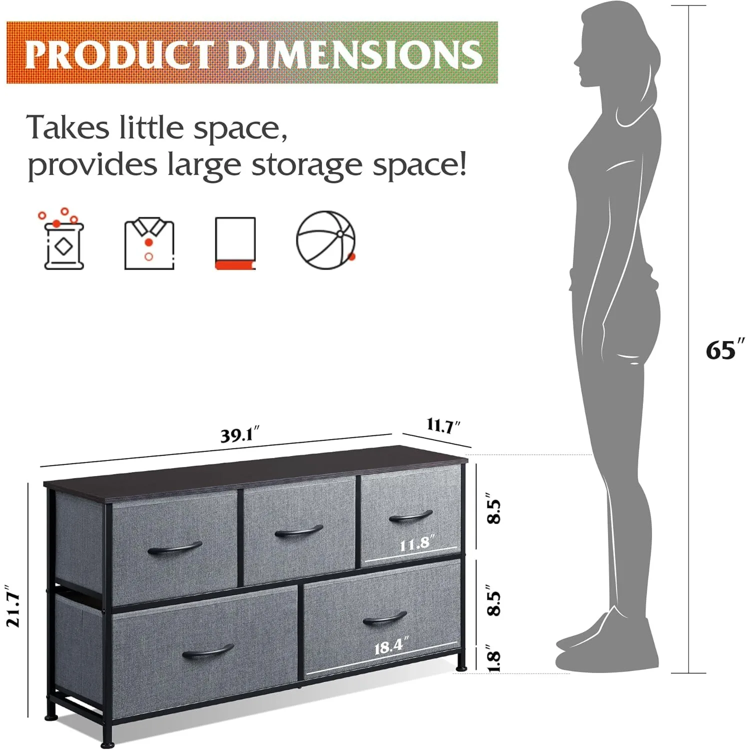 Dresser for Bedroom with 5 Drawers, Wide Chest of Drawers, Fabric Dresser, Storage Organizer Unit with Fabric Bins
