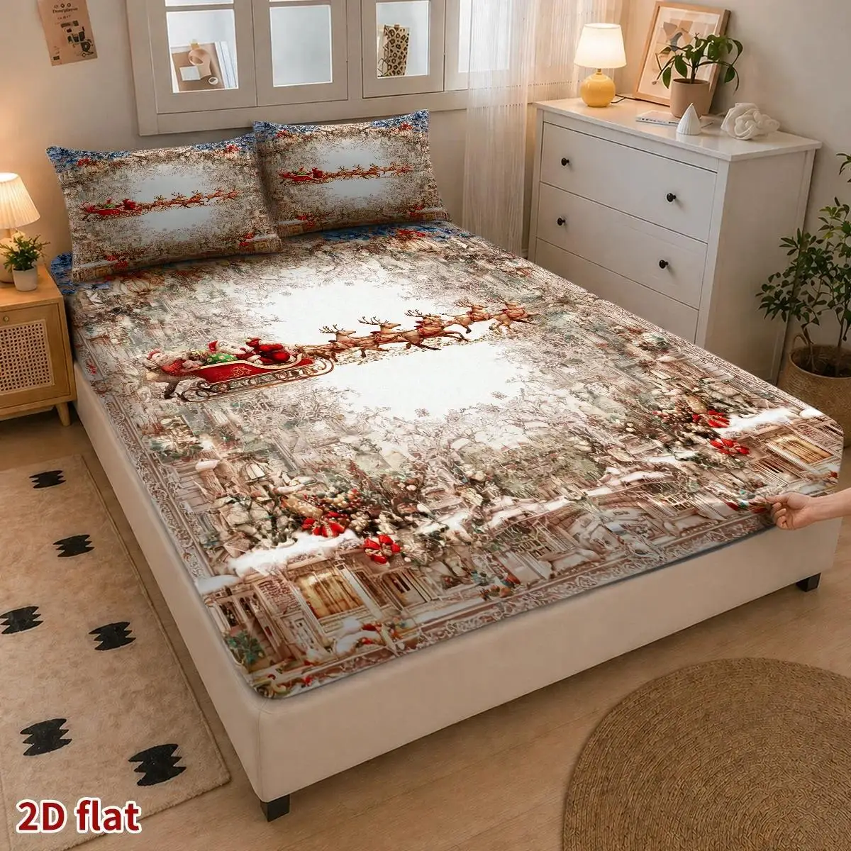 Christmas 2D Digital Print Three-Piece Bedding Set (Includes 1 Fitted Sheet + 2 Pillowcases) Mattress Protector, Fitted Elastic Style, Protective Cover, 2D Flat Priting, Mattress Protector, Santa's Sleigh Team Theme, Vintage Oil Painting Style, Christmas, Suitable for All Seasons, Machine Washable, Home Use, Holiday Decoration, Various Sizes, Breathable Protective Cover Plus Pillowcase