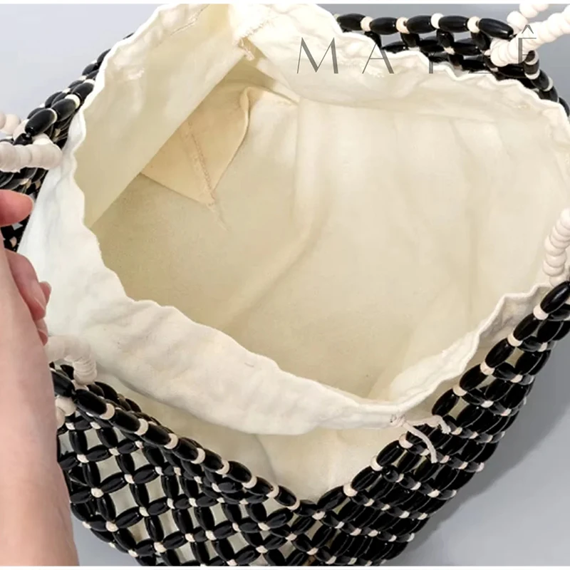 Ahornholz-Perlen-Handtasche, Damen Große Kapazität Hohle Strand-Urlaubstasche, Sommerliche Lässige Schicke Handgewebte Tragetasche – Detail 9