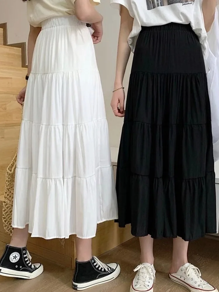 Spring Summer Women Chiffon Skirts Vintage High Waist Elastic Patchwork White Black Chic Long Cake A-line Skirt for Student