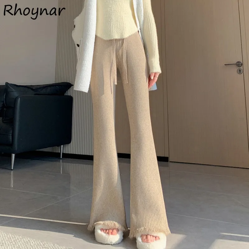 

Solid Thicker Flare Pants Women Autumn Winter Graceful Ladies Design Tassel Drape Mopping High Waist Knitted Skin-friendly Daily