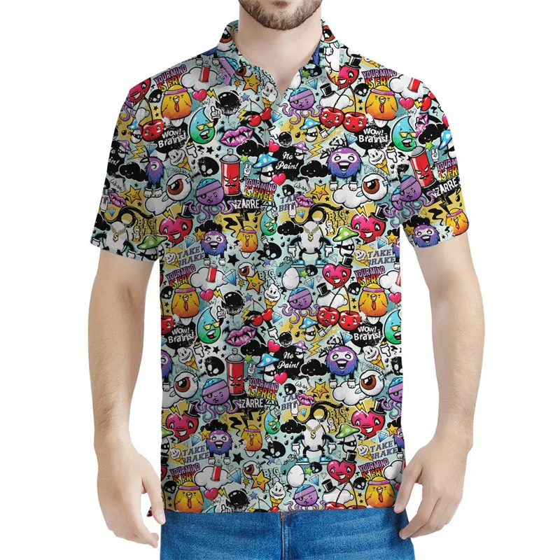 Cartoon 3D Printed Graffiti Polo Shirt For Men Retro Characters Graphic Short Sleeves Casual Lapel Tees Tops Y2k POLO Shirts