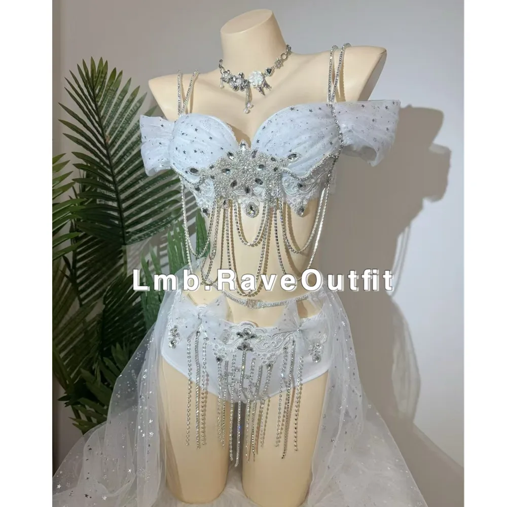 Luxury Sparkly Diamond Chains Tassel Bikini Electric Syllable Dance Costume Women Nightclub DJ Singer Dancer Sexy Stage Wear