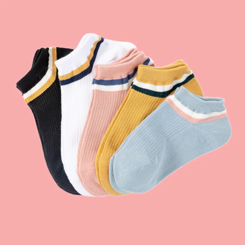 5/10 Pairs High Quality Women's Socks Vertical Striped Cotton Boat Socks Low-top College Style Anti-drop Heel Invisible Socks