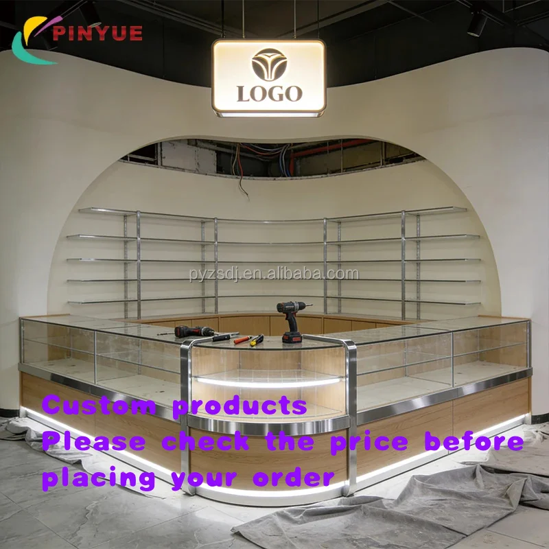 custom.Custom Furniture Supplies Display Cabinet Glass Stainless Steel Mall Kiosk Smoke Shop Display Counter Showc