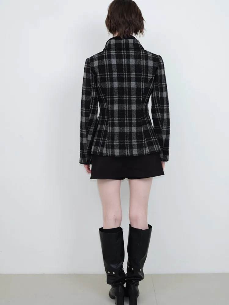 Top Quality Women Plaid Wool Blend Slim Fit Asymmetrical Placket Design Woolen Coat Turndown Collar Single Breasted Thick Jacket