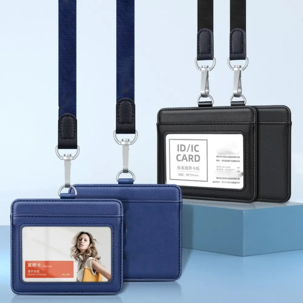 Cowhide Leather ID Card Holder with Lanyard Neck Strap Doctors Badge Holder Chest Card Carabiner Style Work Card Case Referee