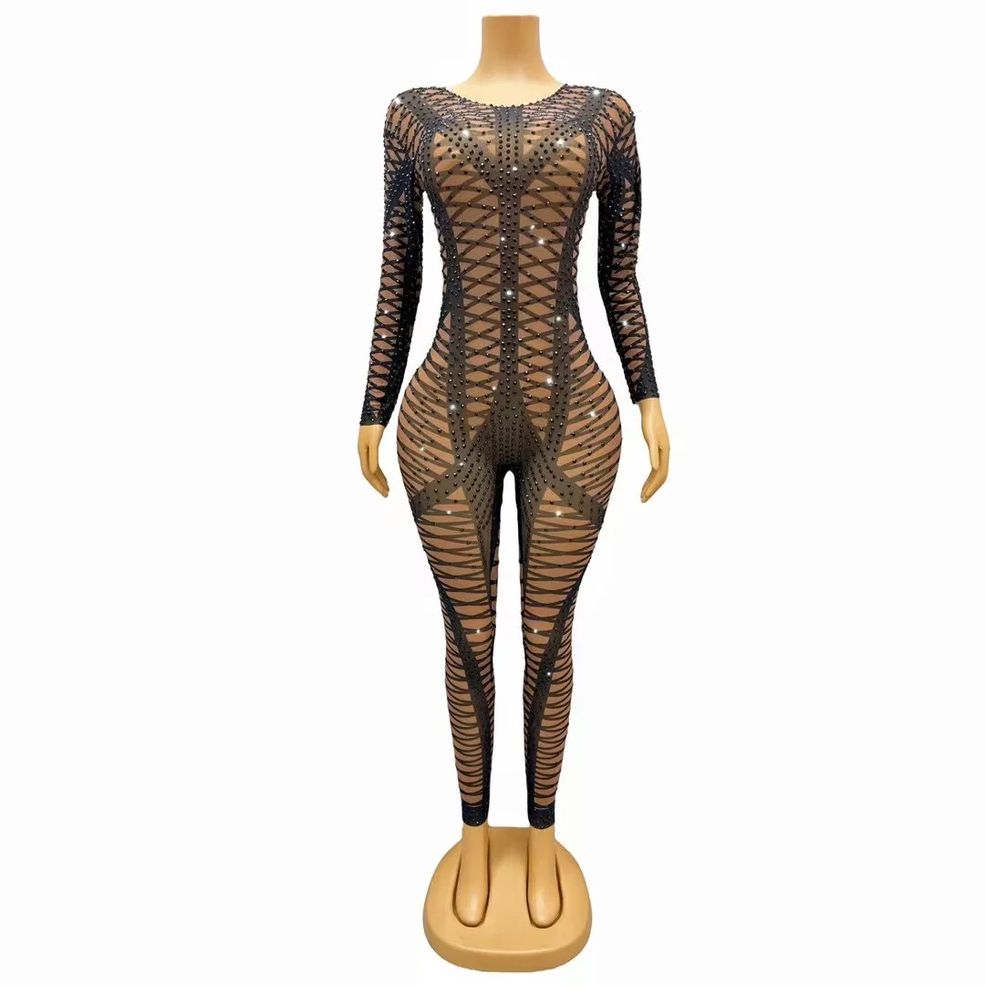 

Sexy Stage Black Rhinestones Mesh Transparenteggings New Design Evening BirthdayCelebrate Bodysuit Performance Jumpsuit C329